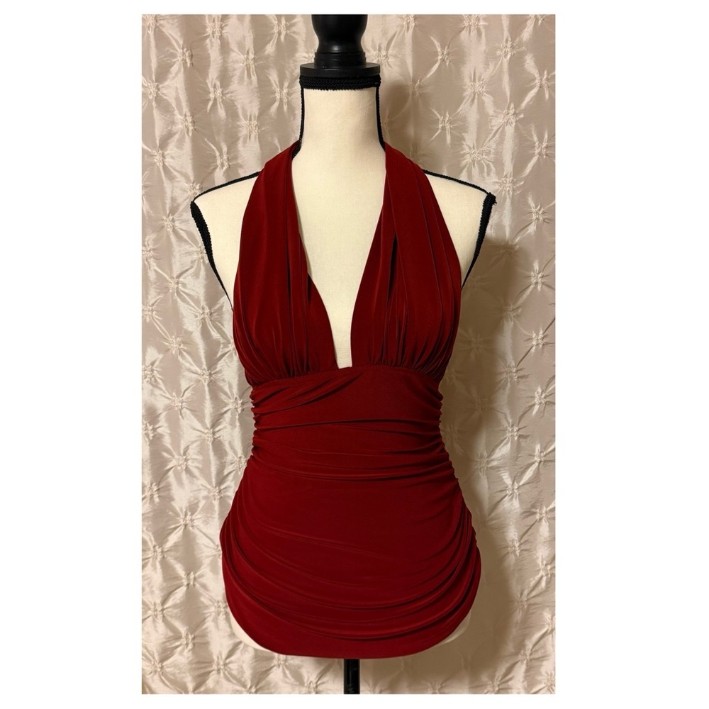 Norma Kamali Ruched Halter Tank Top Burgundy Deep Red V Neck - Picture 9 of 9